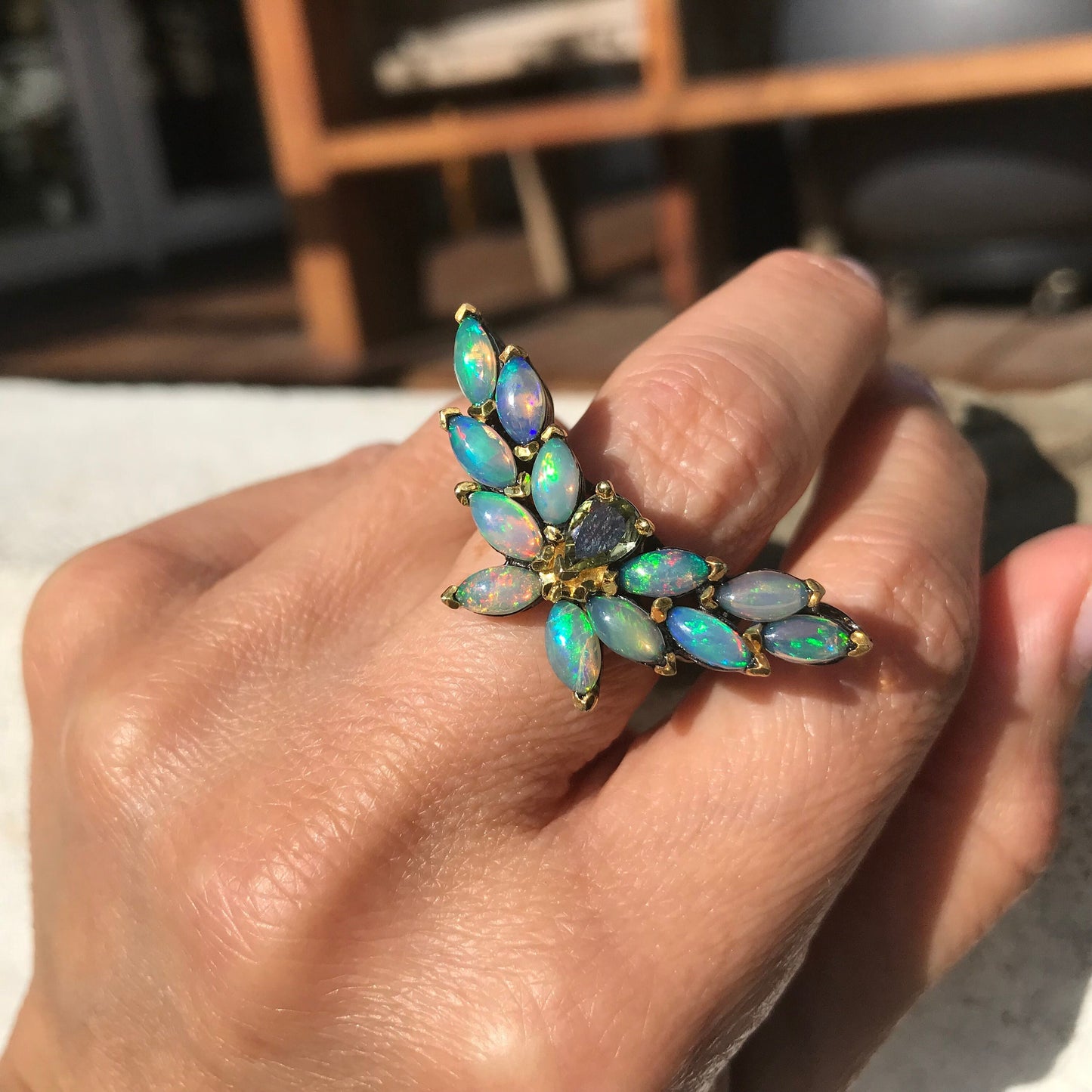 Sterling Silver natural flash Opal statement butterfly Ring 6.5