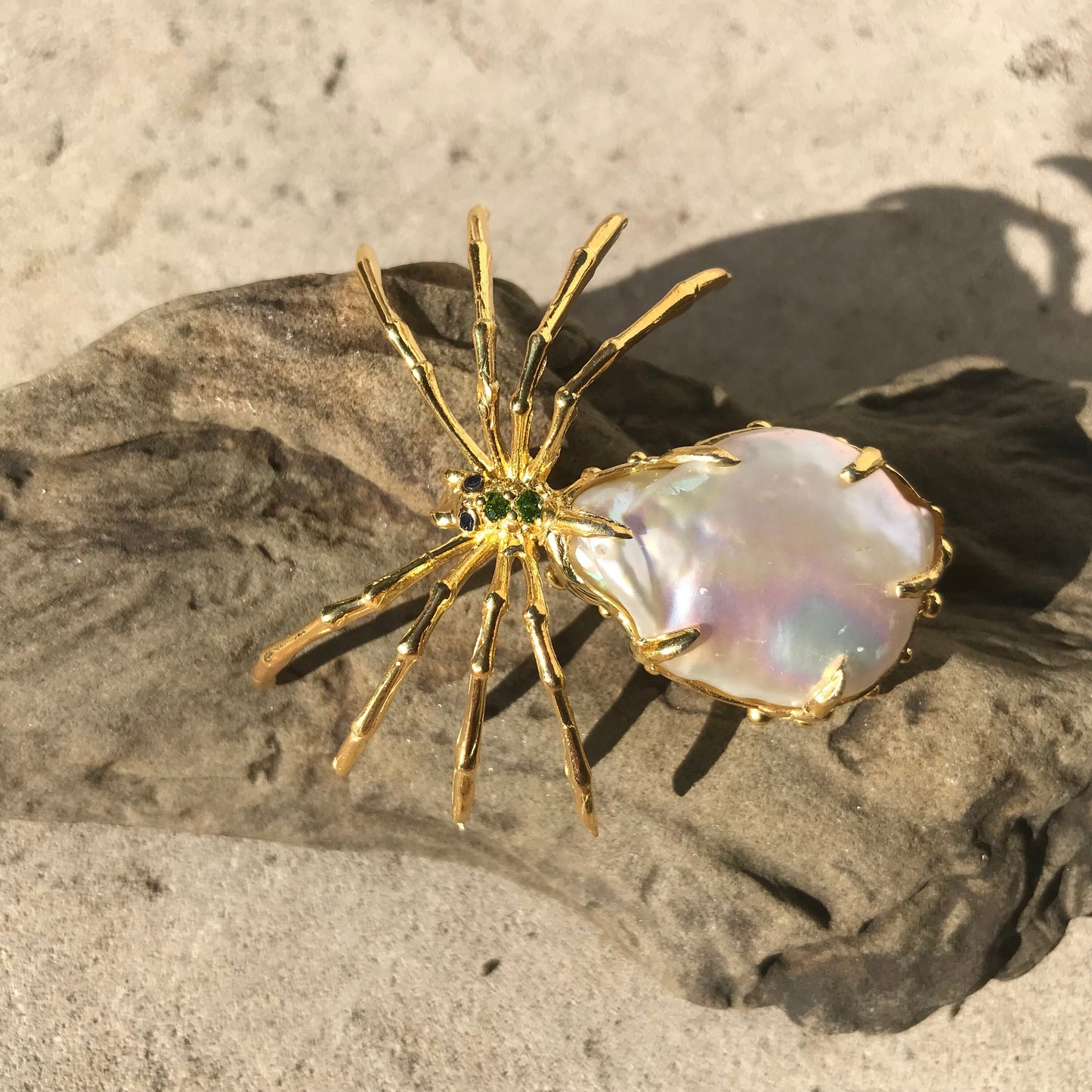 Sterling silver natural pearl gold brooch pin spider