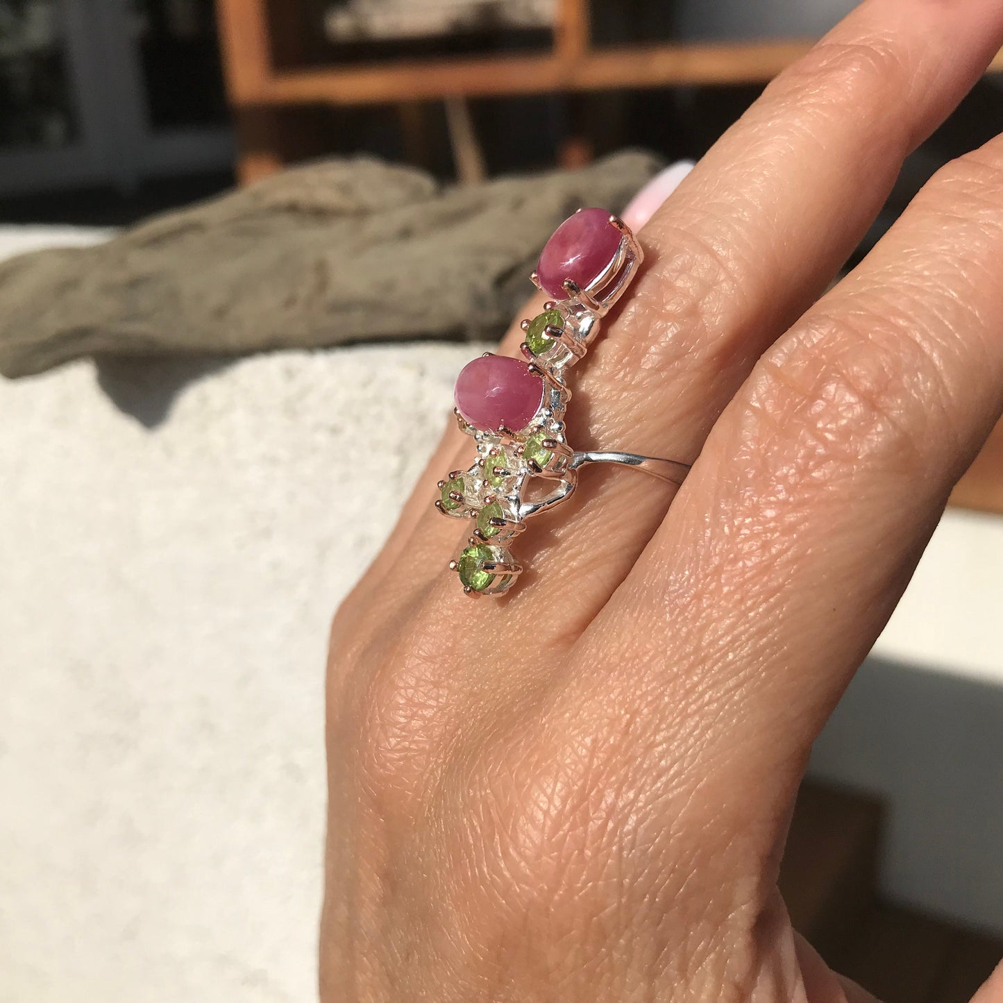 Sterling silver ruby red peridot ring 7.5
