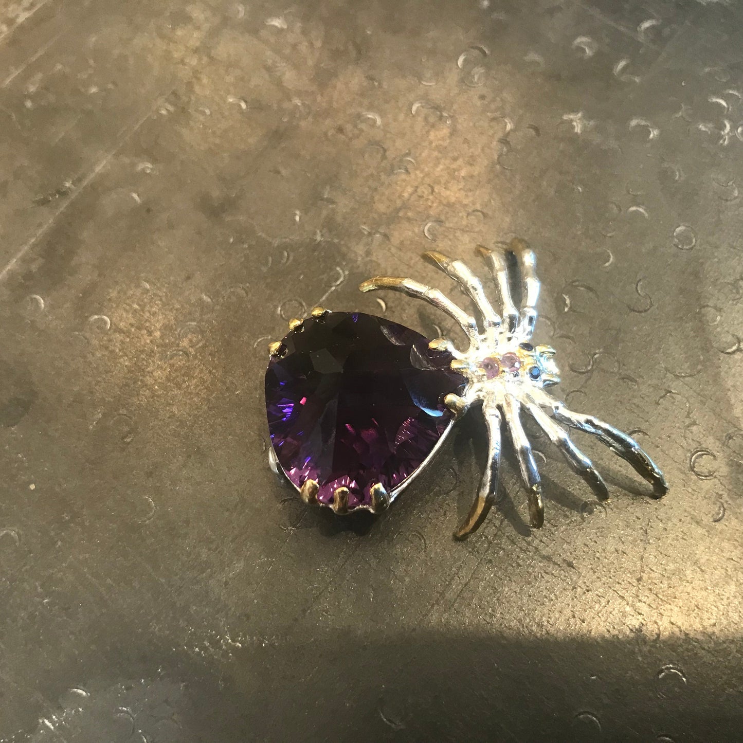 Sterling silver amethyst spider brooch pin art collectible