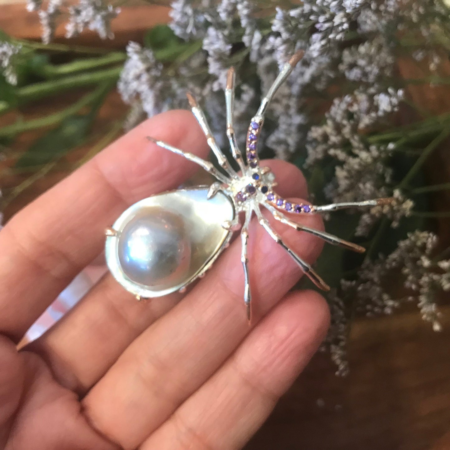 Sterling silver natural shell pearl brooch pin spider