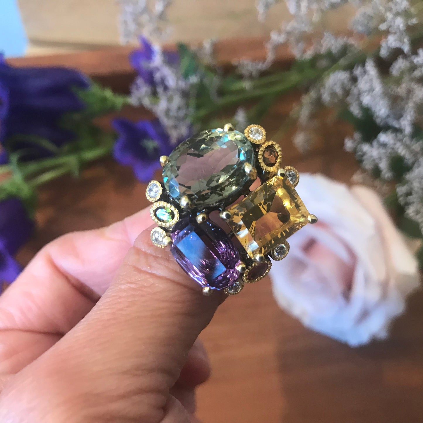 sterling Silver amethyst citrine statement Ring 8.5