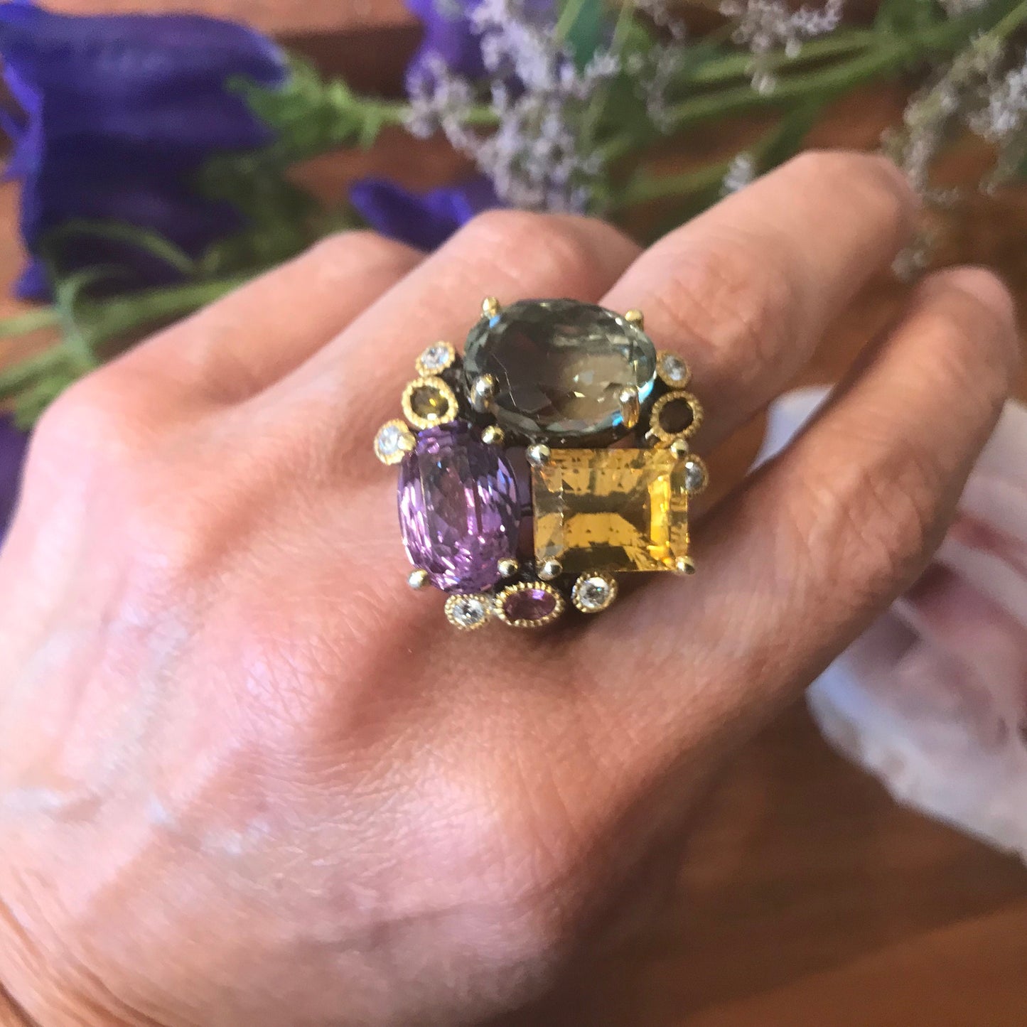 sterling Silver amethyst citrine statement Ring 8.5