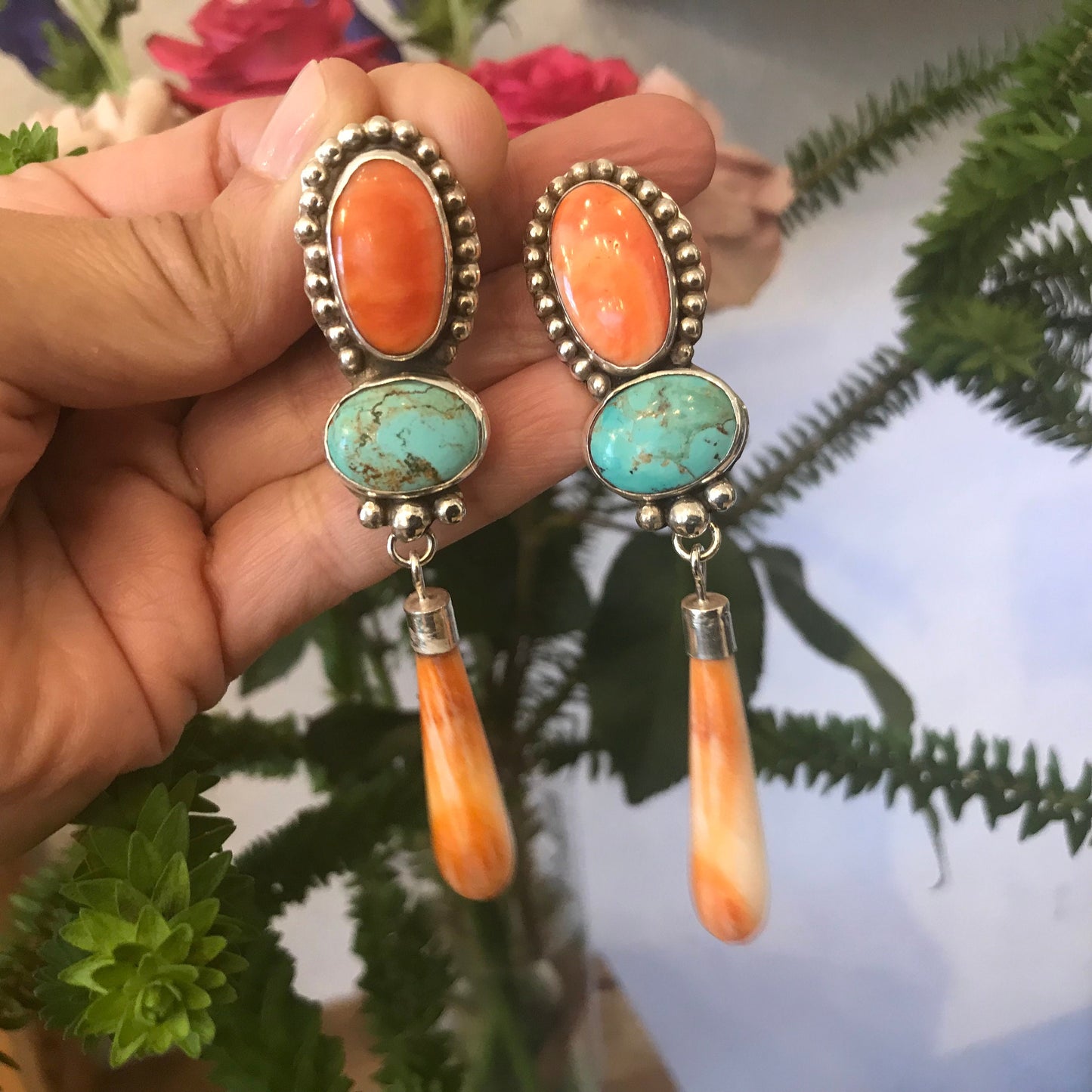 Sterling Silver turquoise statement spiny oyster earrings