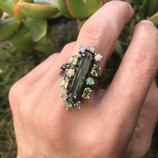 Sterling Silver Natural Green tourmaline fire opal band Ring 9