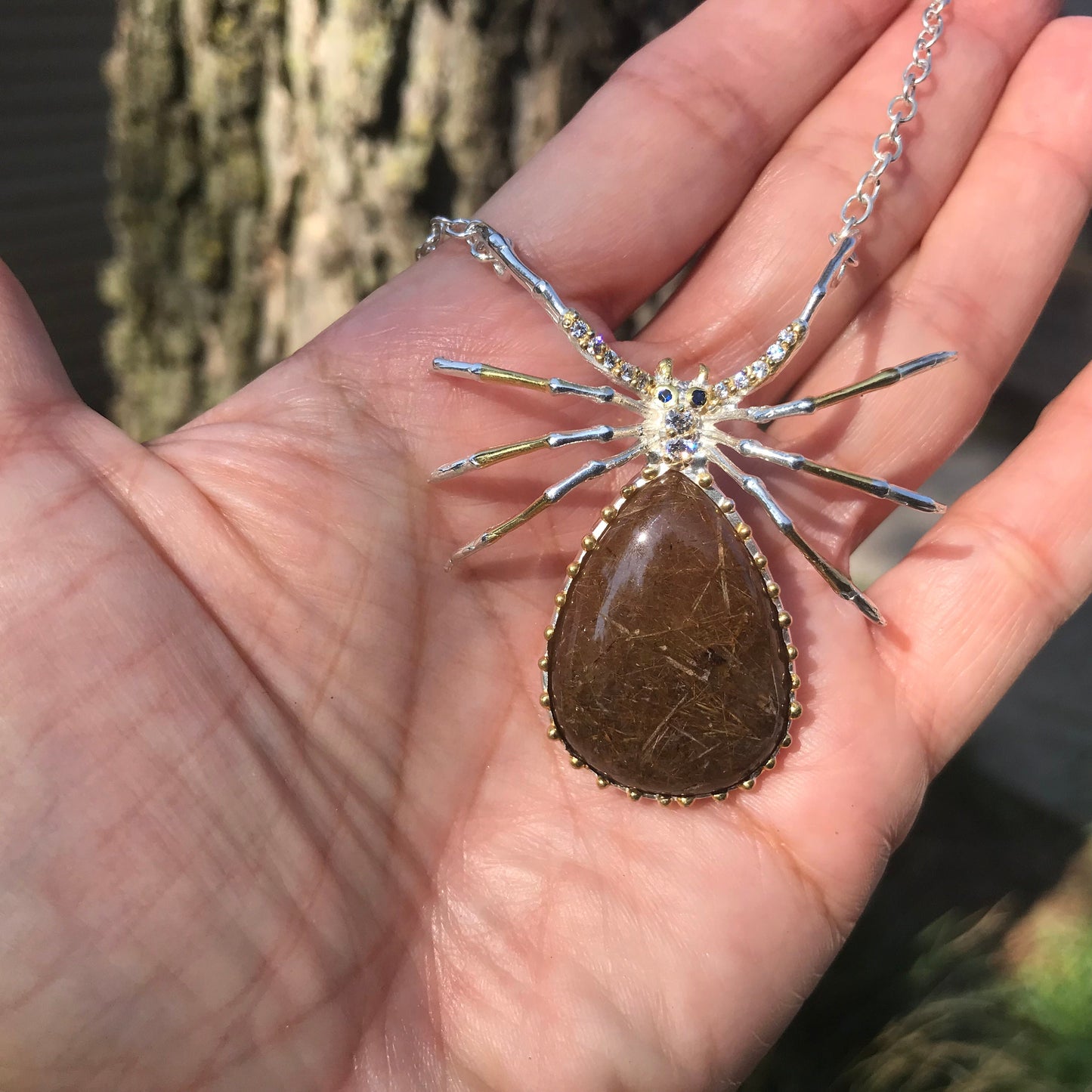 Sterling silver  Rutiled quartz spider necklace