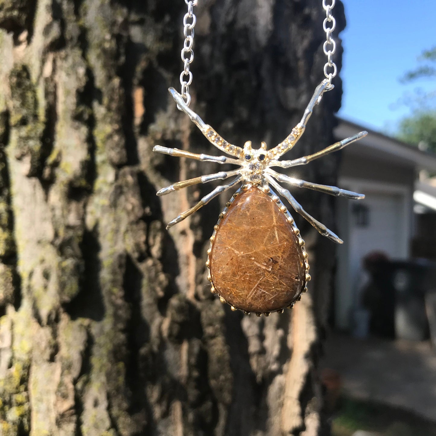 Sterling silver  Rutiled quartz spider necklace