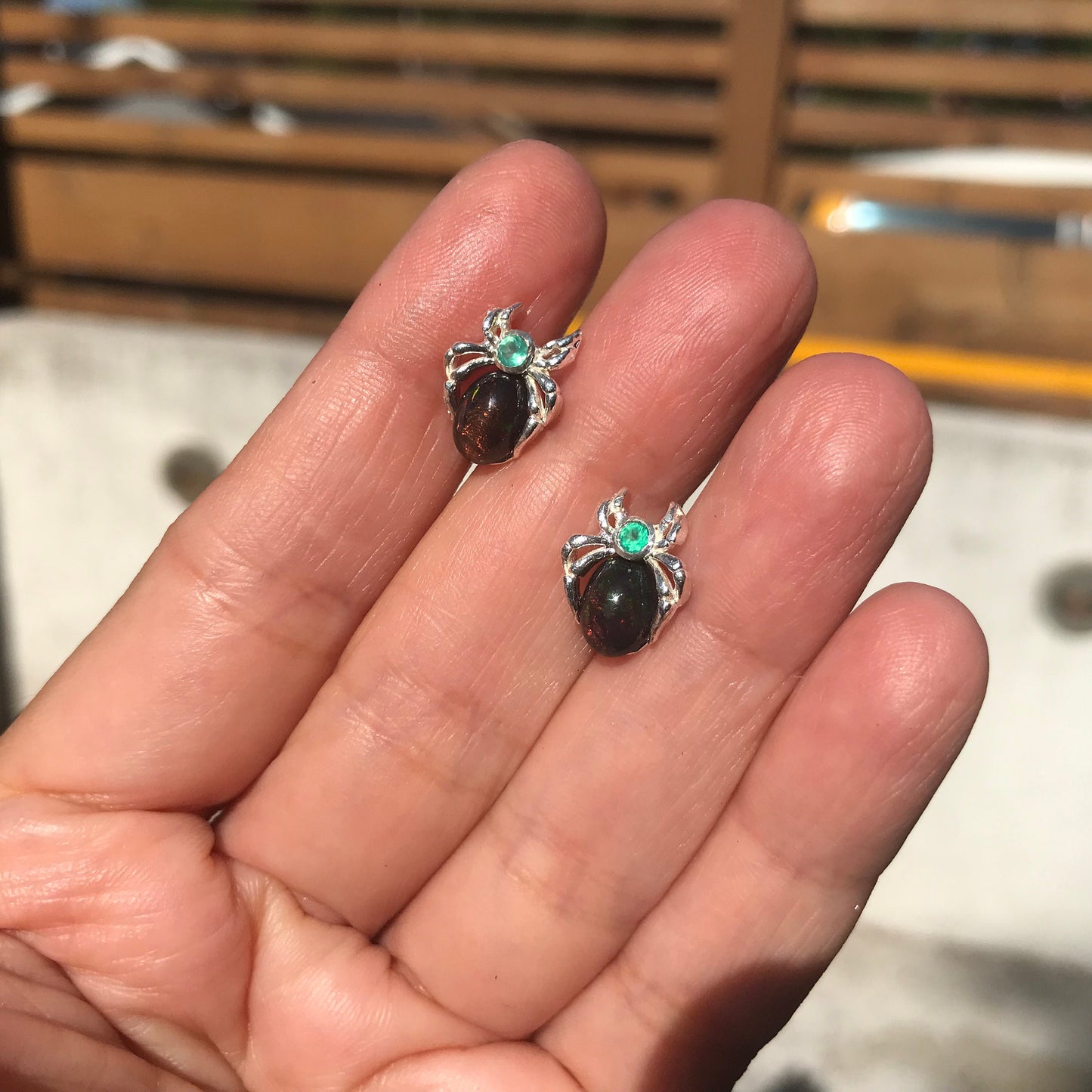 sterling silver black Rainbow Natural Opal Spider stud earrings