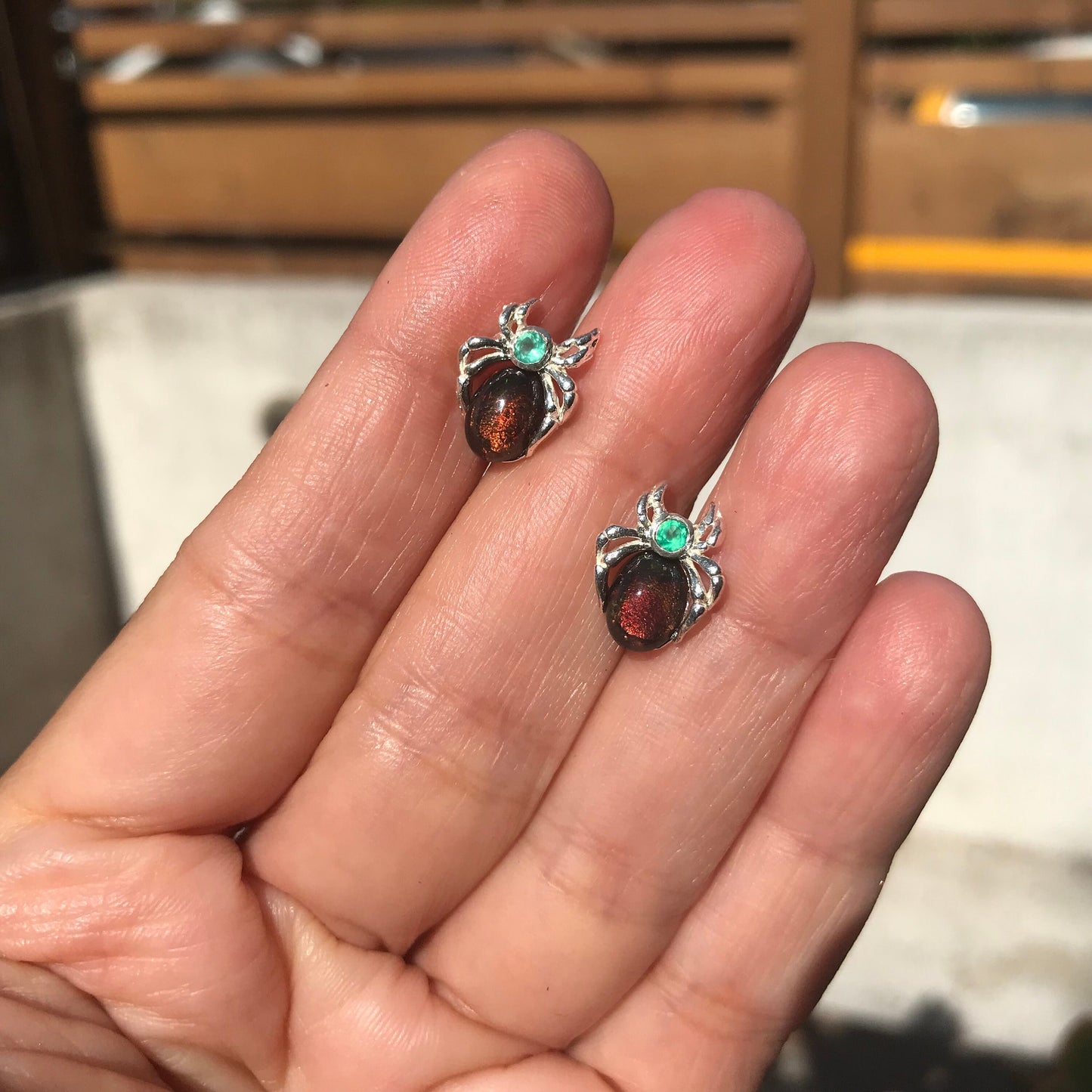 sterling silver black Rainbow Natural Opal Spider stud earrings