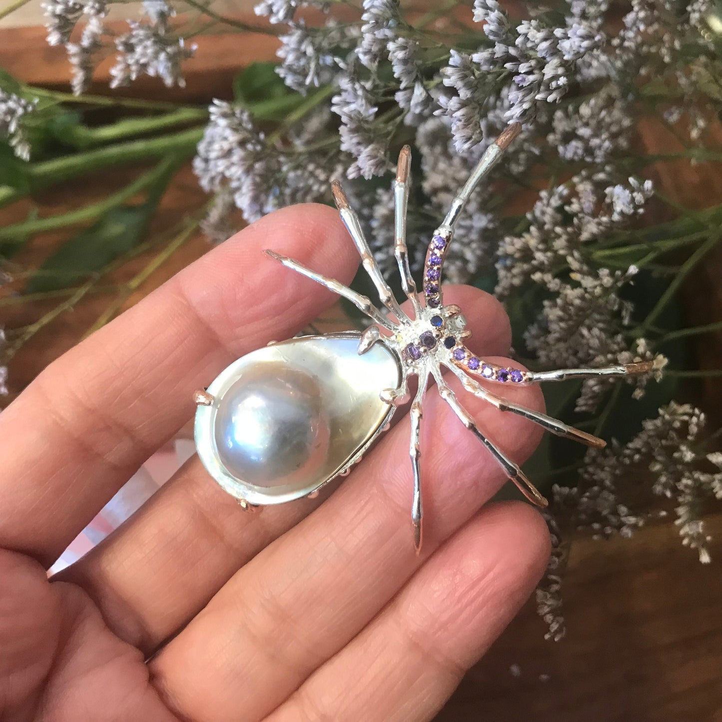 Sterling silver natural shell pearl brooch pin spider