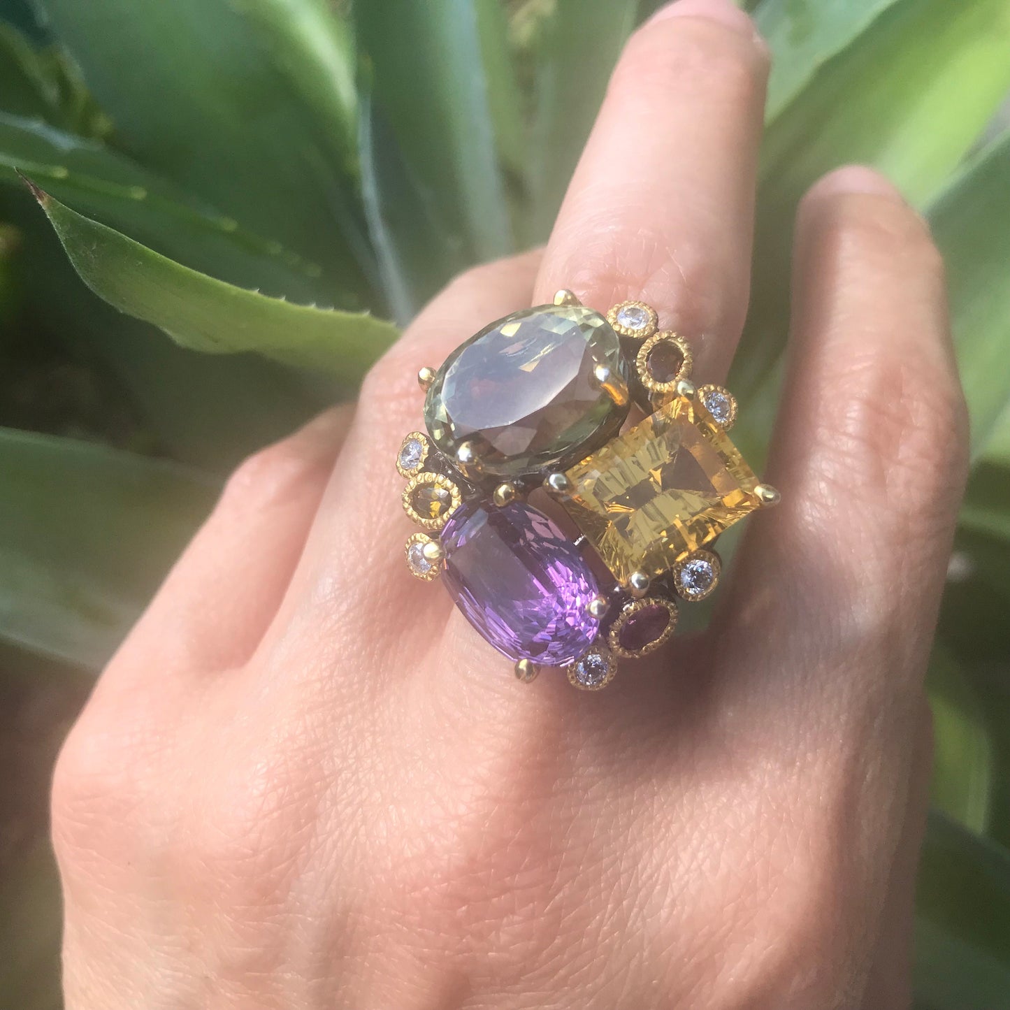 sterling Silver amethyst citrine statement Ring 8.5