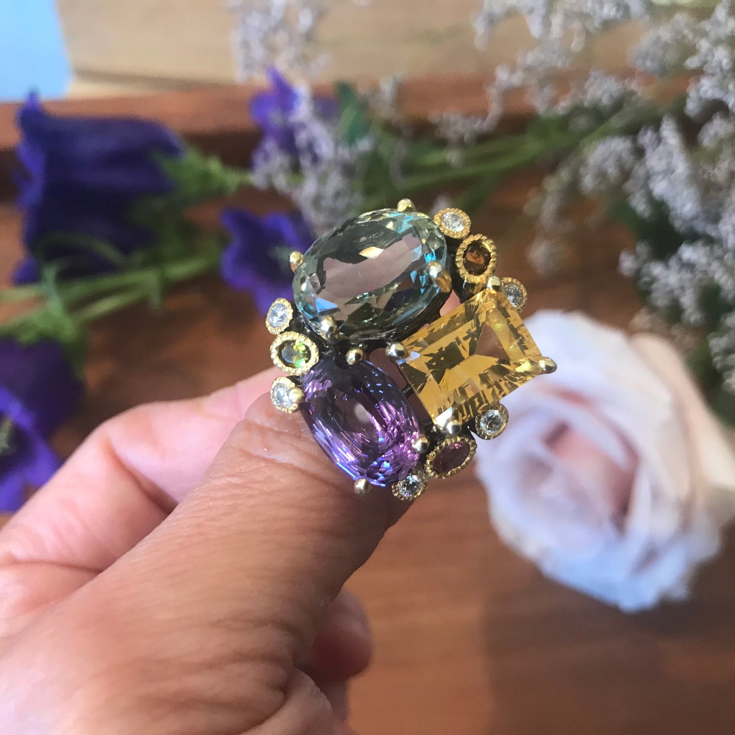 sterling Silver amethyst citrine statement Ring 8.5