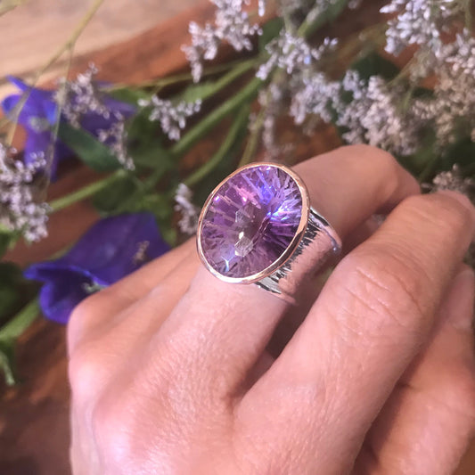 Sterling silver Amethyst statement band modernist  Ring 7