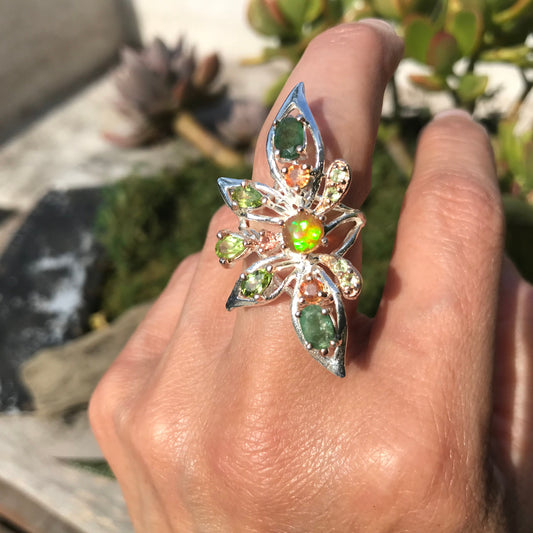 Sterling Silver flash Opal emerald statement butterfly Ring 6.5