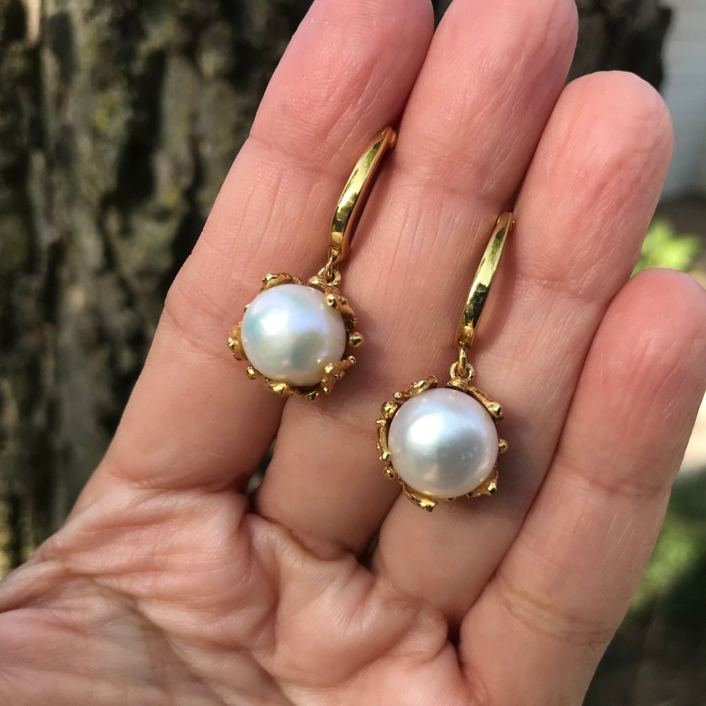 Sterling Silver gold white natural pearl  earrings