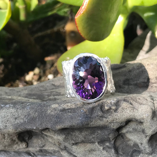 sterling Amethyst statement band modernist  Ring 7