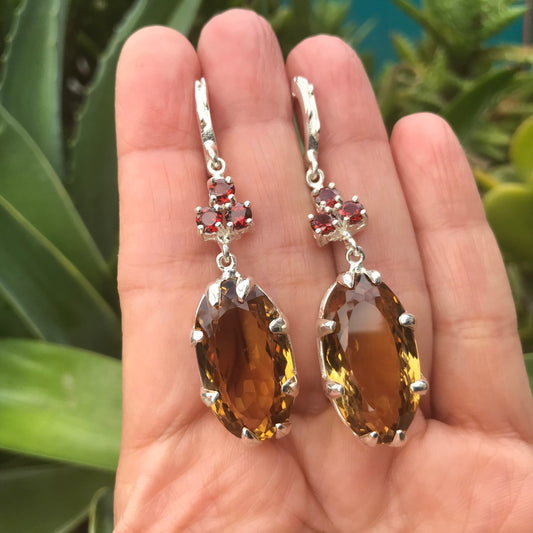 sterling silver Natural Citrine Red garnet dangle Earrings