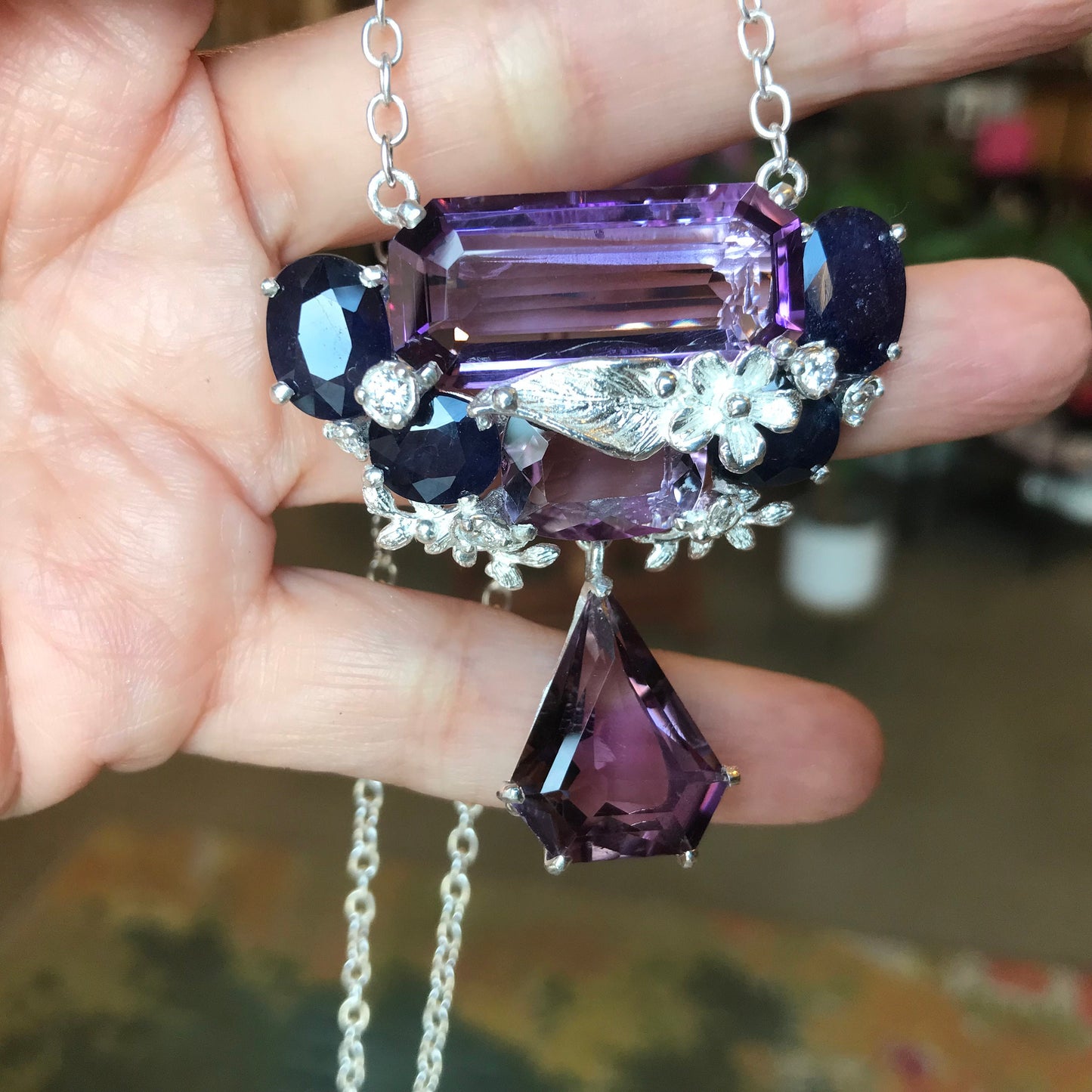 Sapphires sterling silver amethyst statement necklace