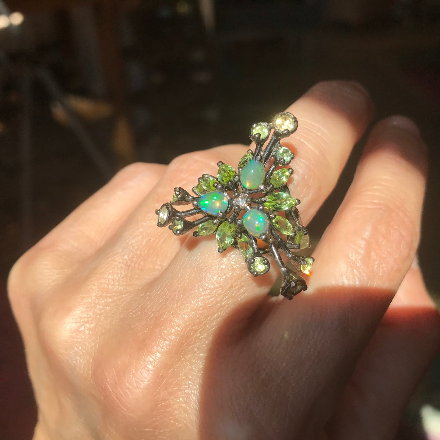 Sterling Silver fire opal Etnika peridot cluster Ring 6