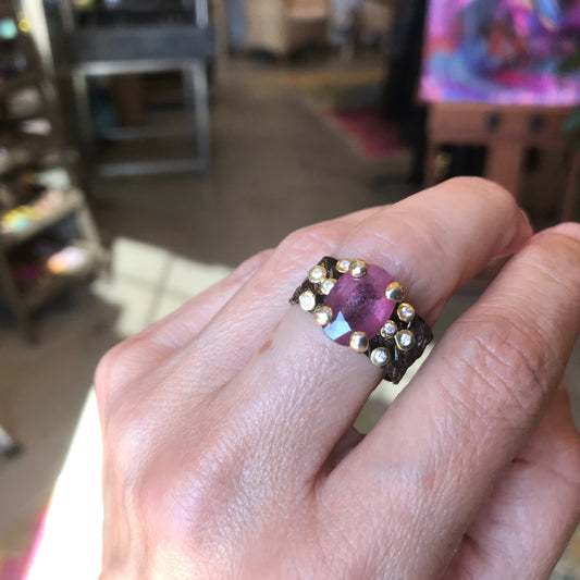 Sterling silver natural ruby brutalist band ring 8.5