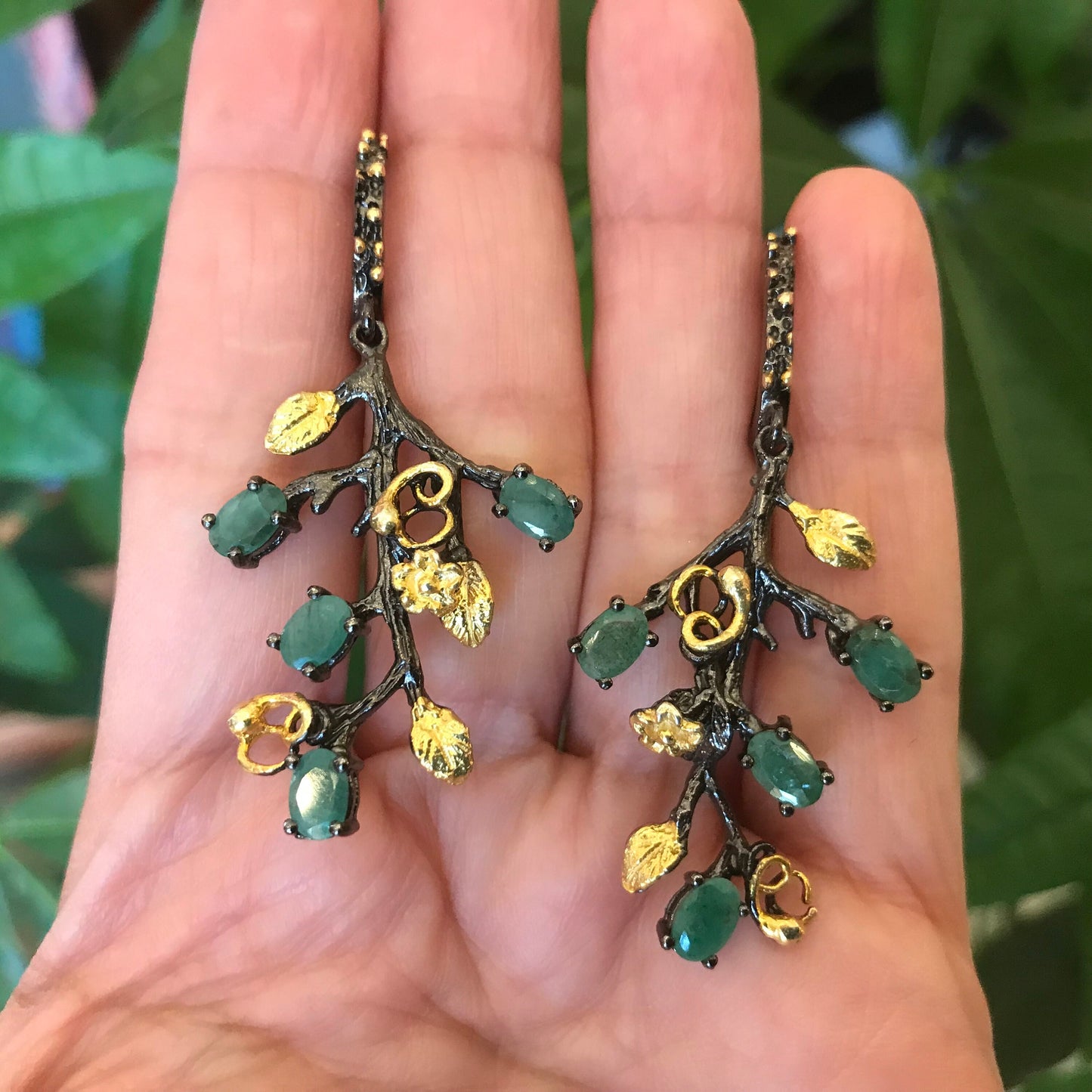 sterling silver Natural Emerald flower Art Deco  Earrings