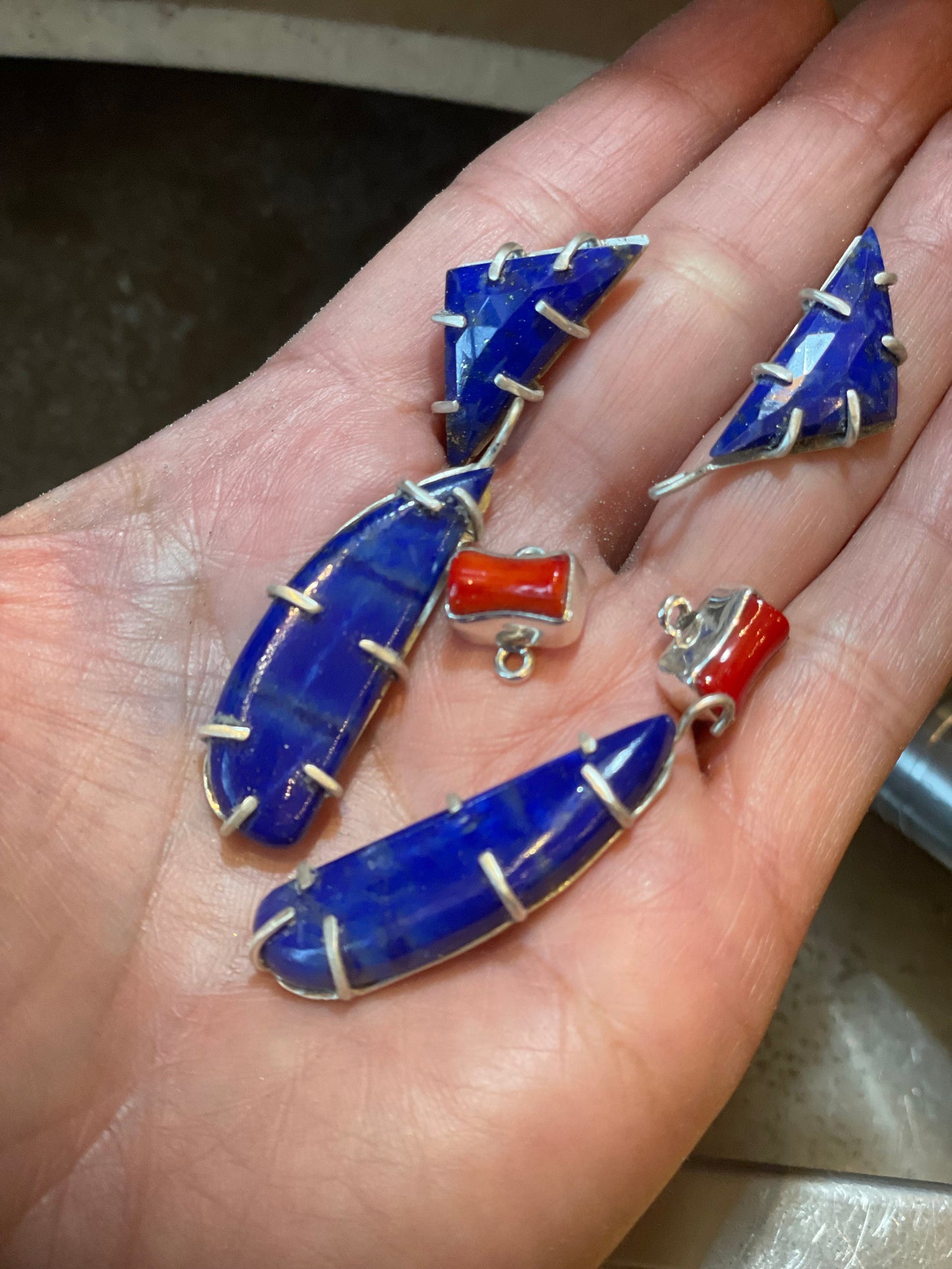 Sterling Silver modernist lapis lazuli coral earrings
