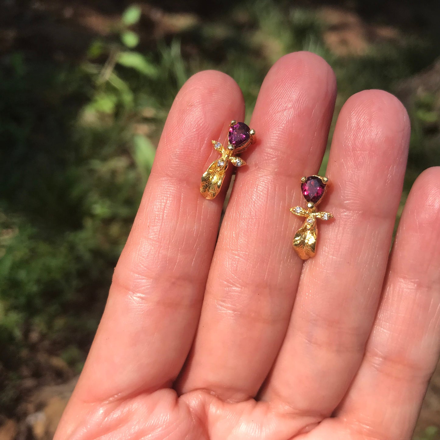 sterling Silver gold  Rhodolite Garnet flower stud earrings