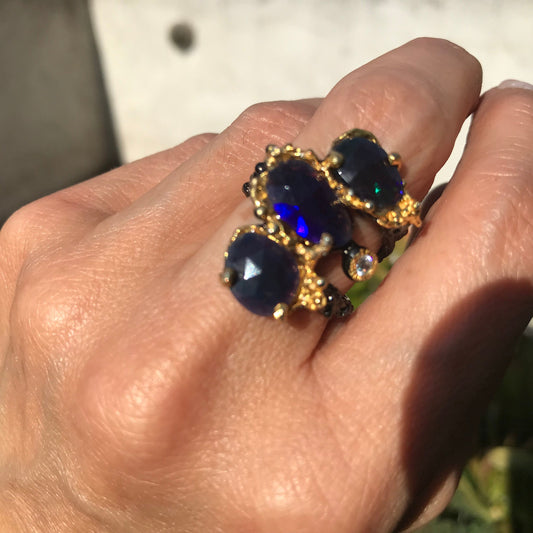 sterling silver Natural black blue Opal statement ring 6