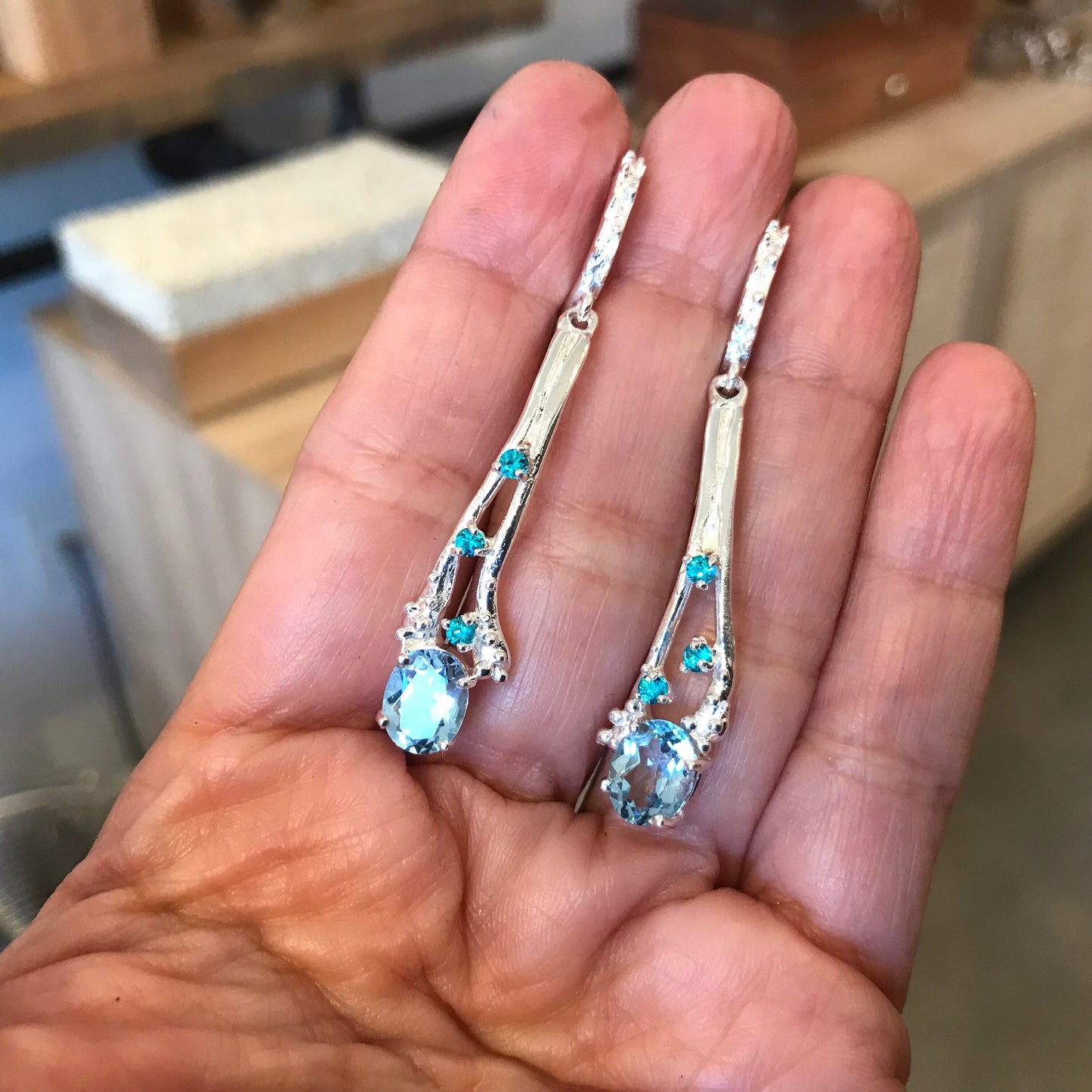 Sterling Silver blue topaz earrings abstract art to wear