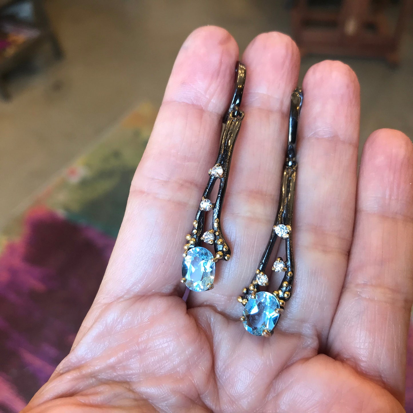 Sterling Silver blue topaz earrings abstract art