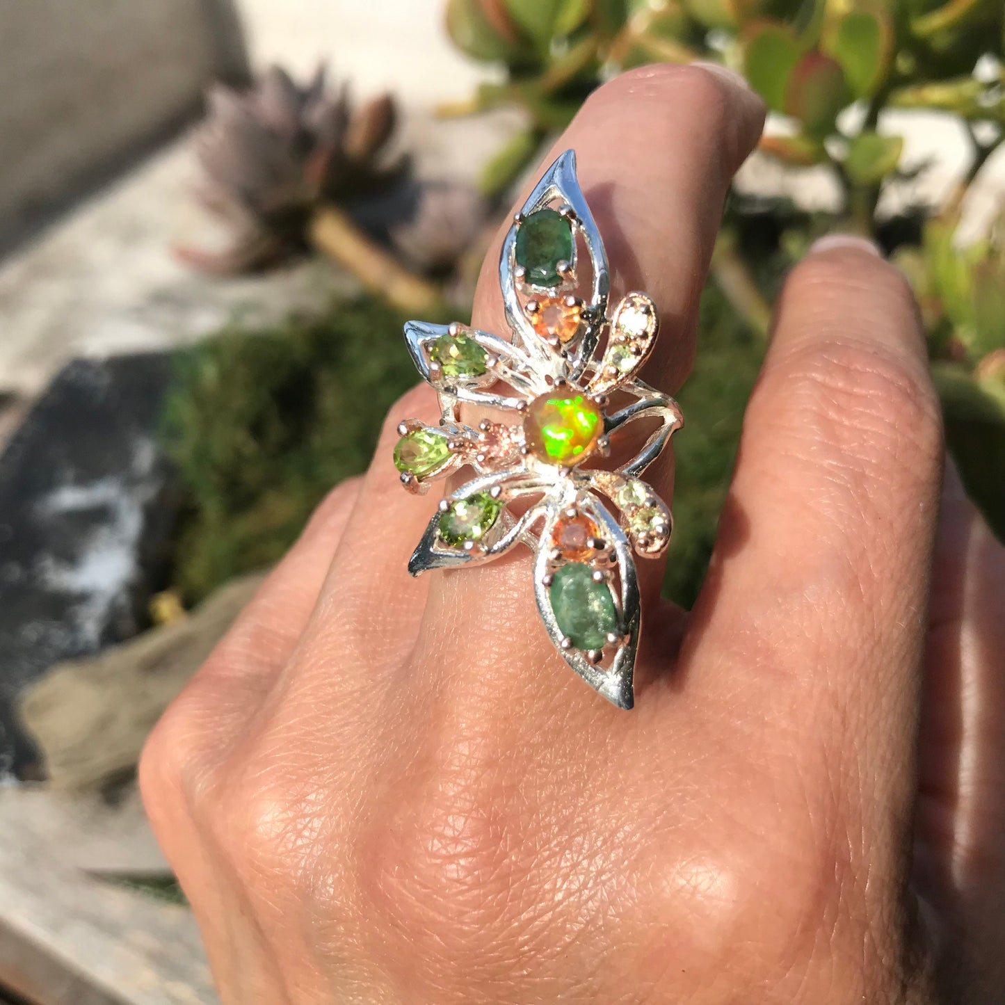 Sterling Silver flash Opal emerald statement butterfly Ring 6.5