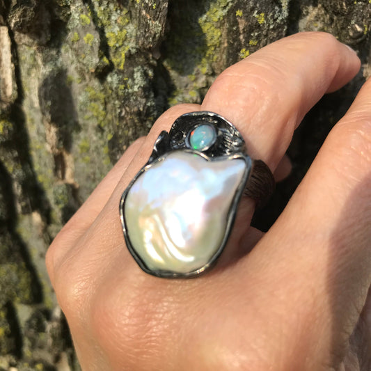 Sterling Silver Natural baroque pearl opal band Ring 6.5