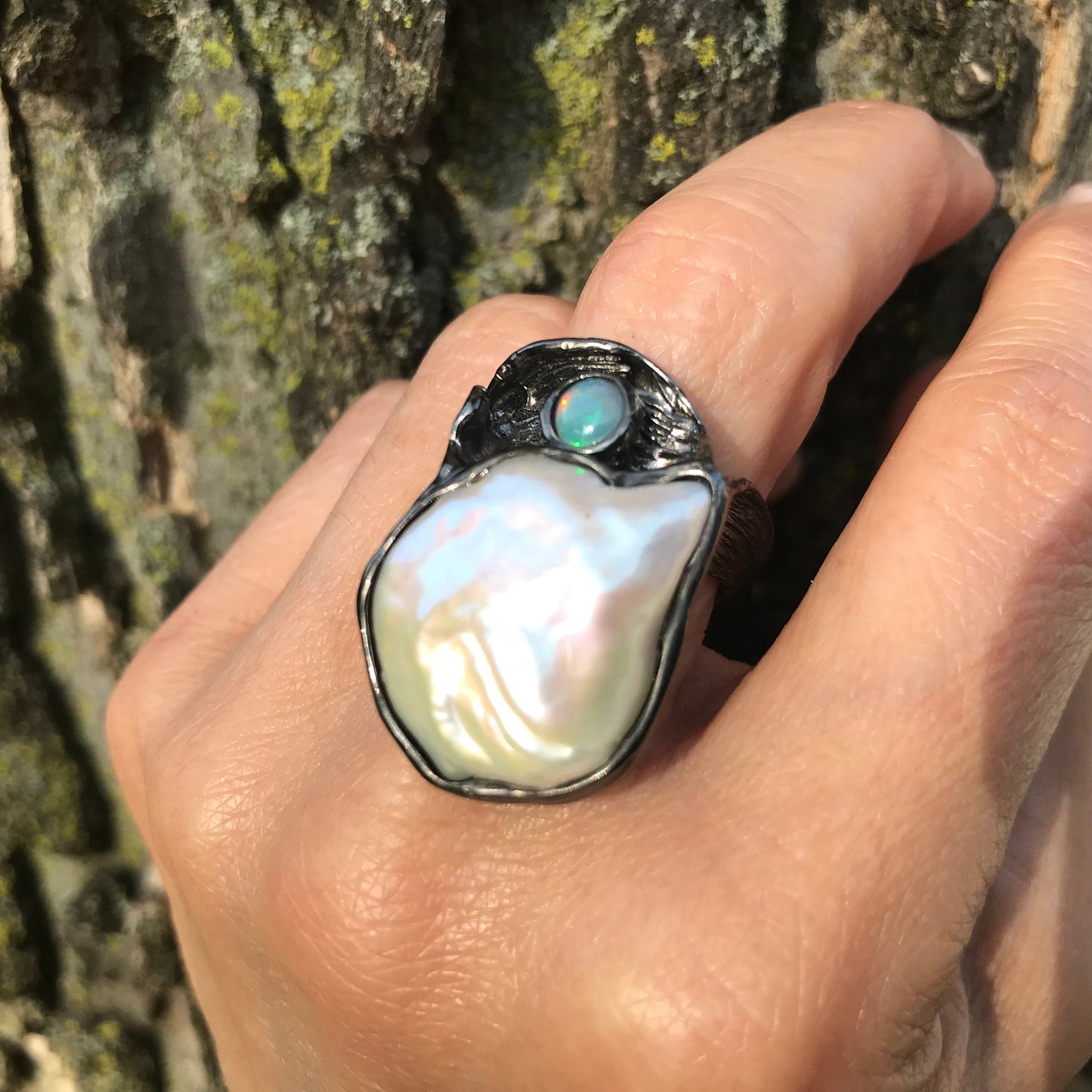 Sterling Silver Natural baroque pearl opal band Ring 6.5