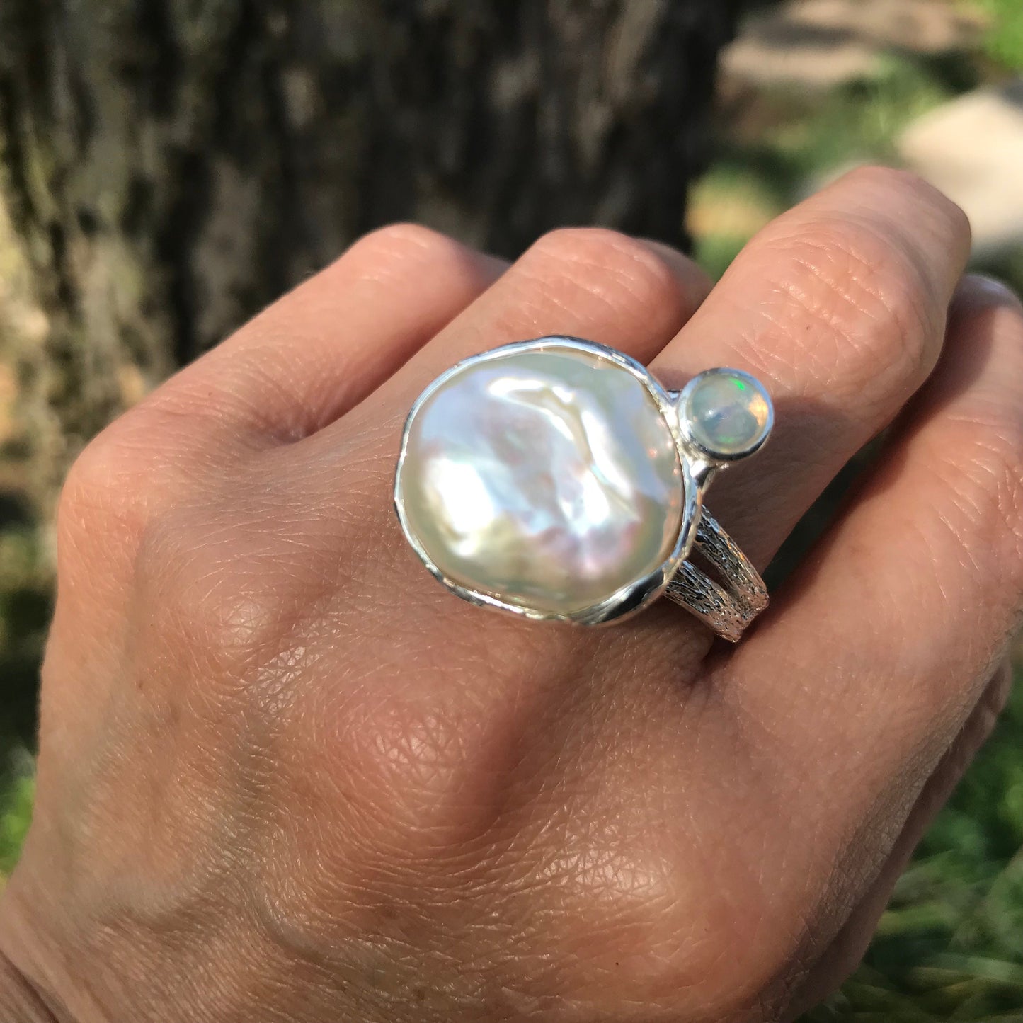 Sterling Silver Natural baroque pearl opal band Ring 8.5