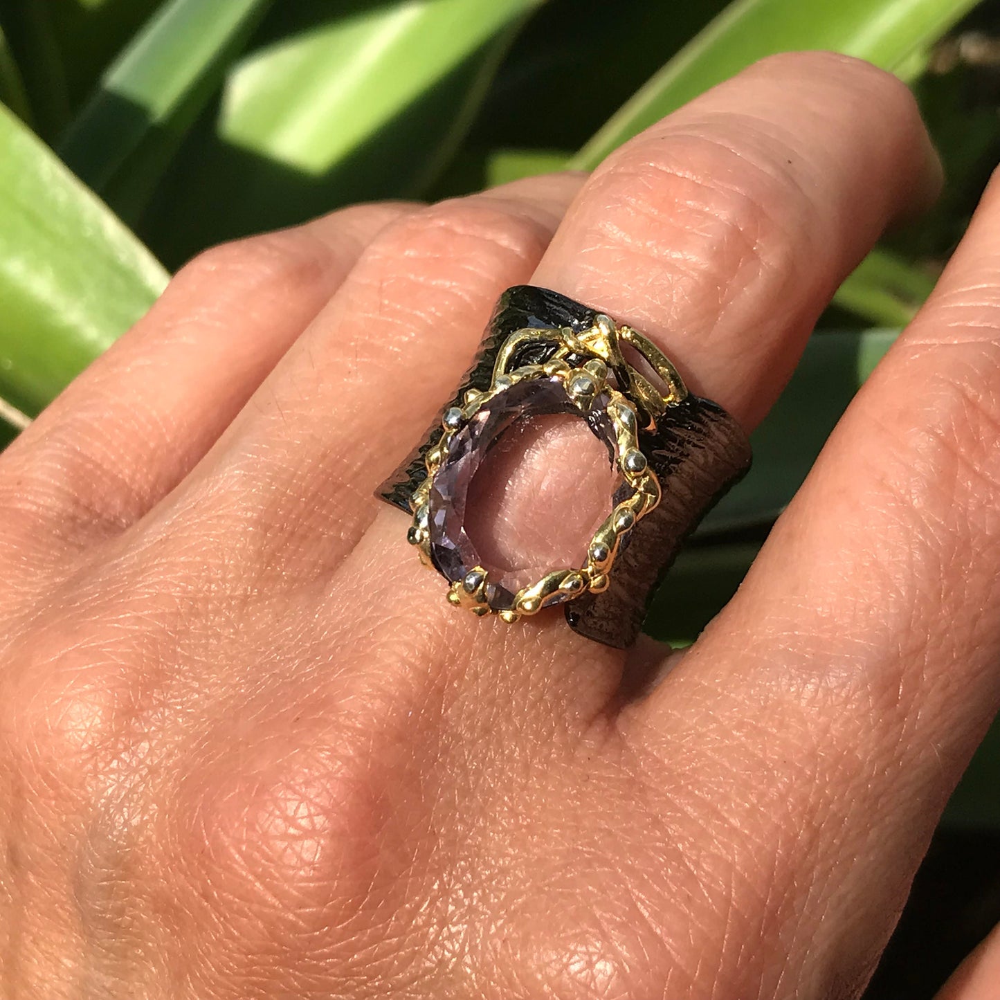 Sterling Silver Fancy Amethyst Band statement ring 7