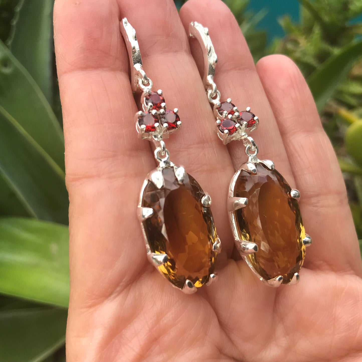 sterling silver Natural Citrine Red garnet dangle Earrings