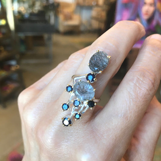 sterling silver rutilated quartz band sapphire ring 6.5
