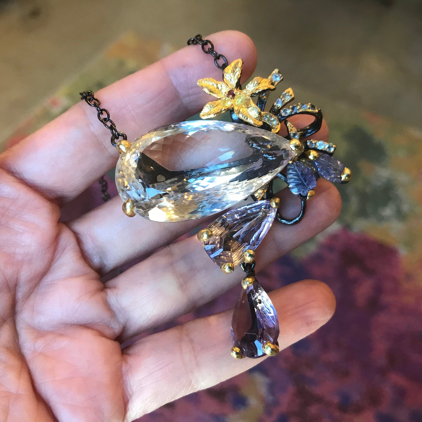 Sterling silver natural quartz amethyst statement pendant necklace