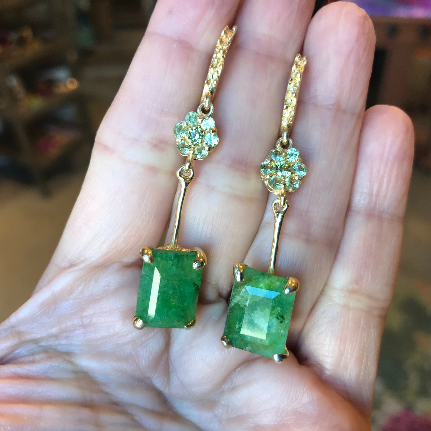 sterling silver natural beryl emerald green gold earrings