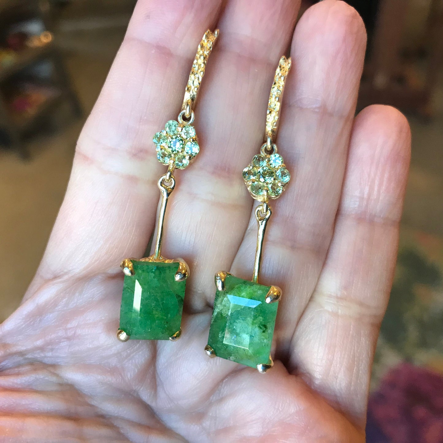 sterling silver natural beryl emerald green gold earrings
