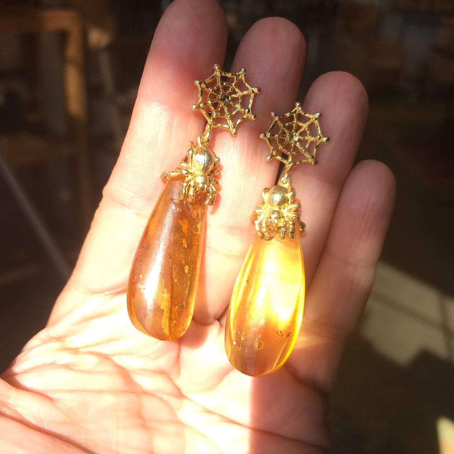 Sterling silver Natural Amber spider gold Earrings