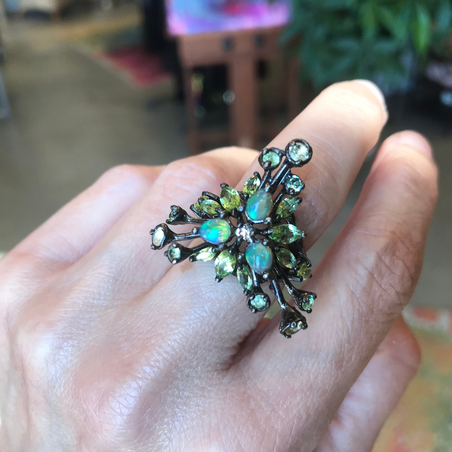 Sterling Silver fire opal Etnika peridot cluster Ring 6