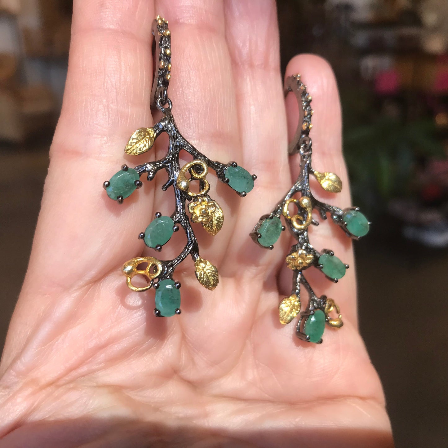sterling silver Natural Emerald flower Art Deco  Earrings