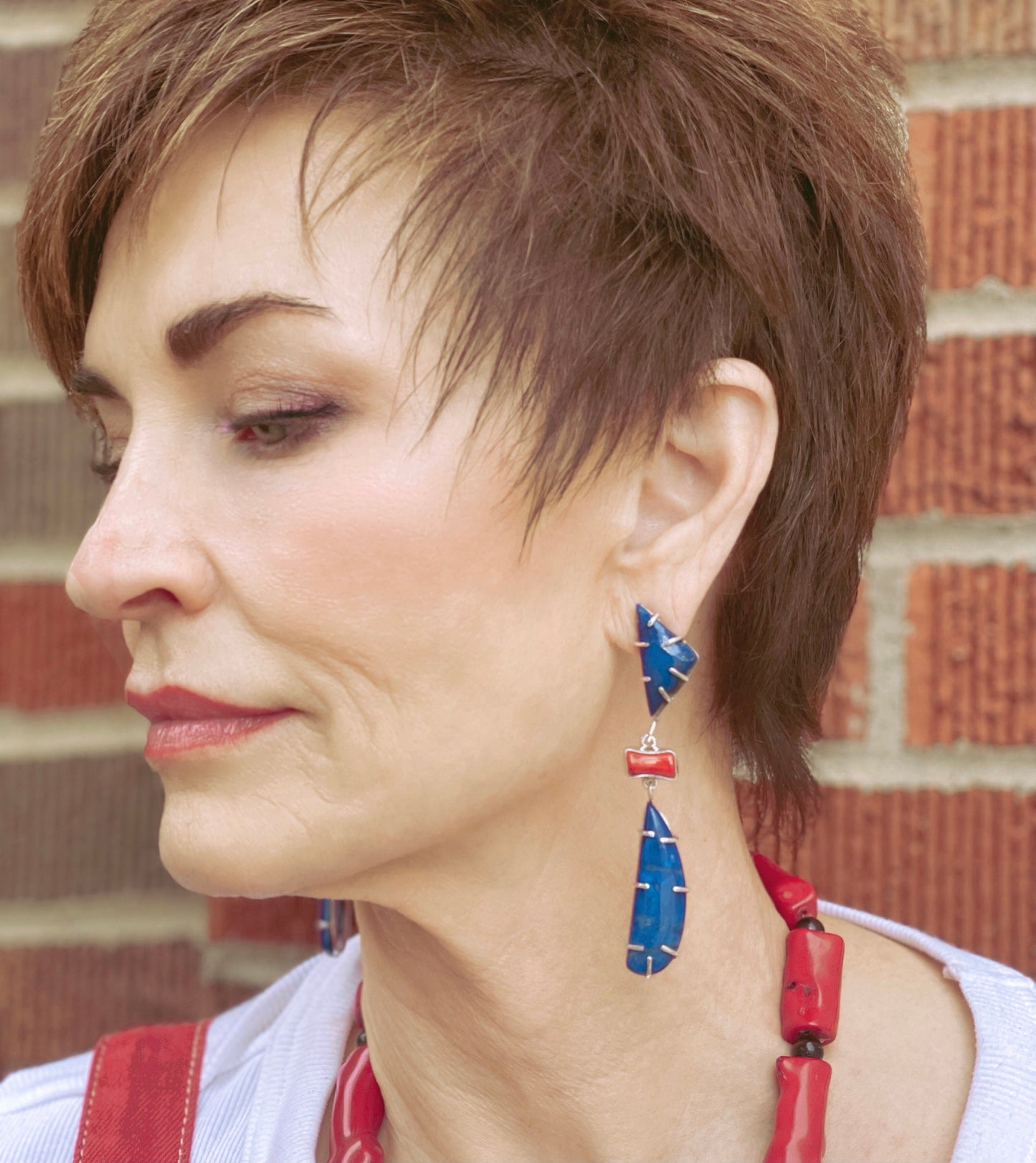 Sterling Silver modernist lapis lazuli coral earrings