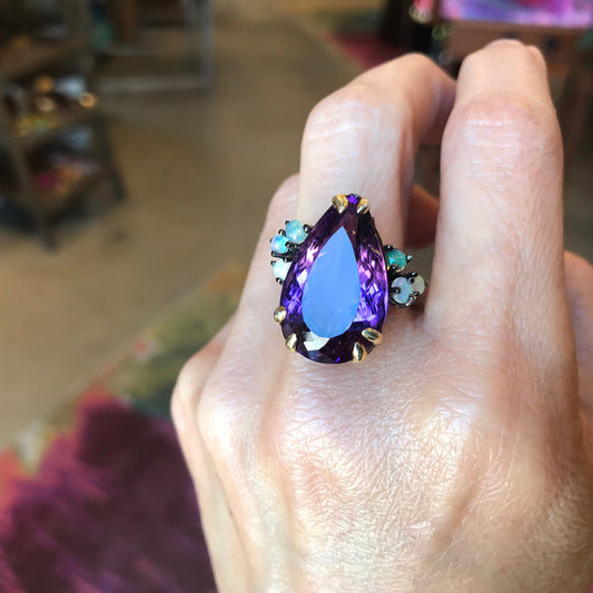 Sterling Silver Statement opal Amethyst  Ring 8.5