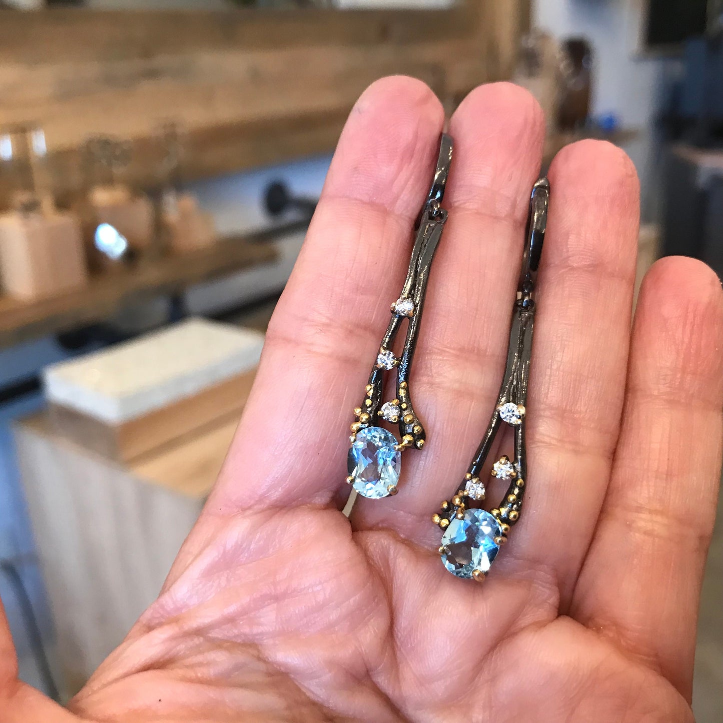 Sterling Silver blue topaz earrings abstract art