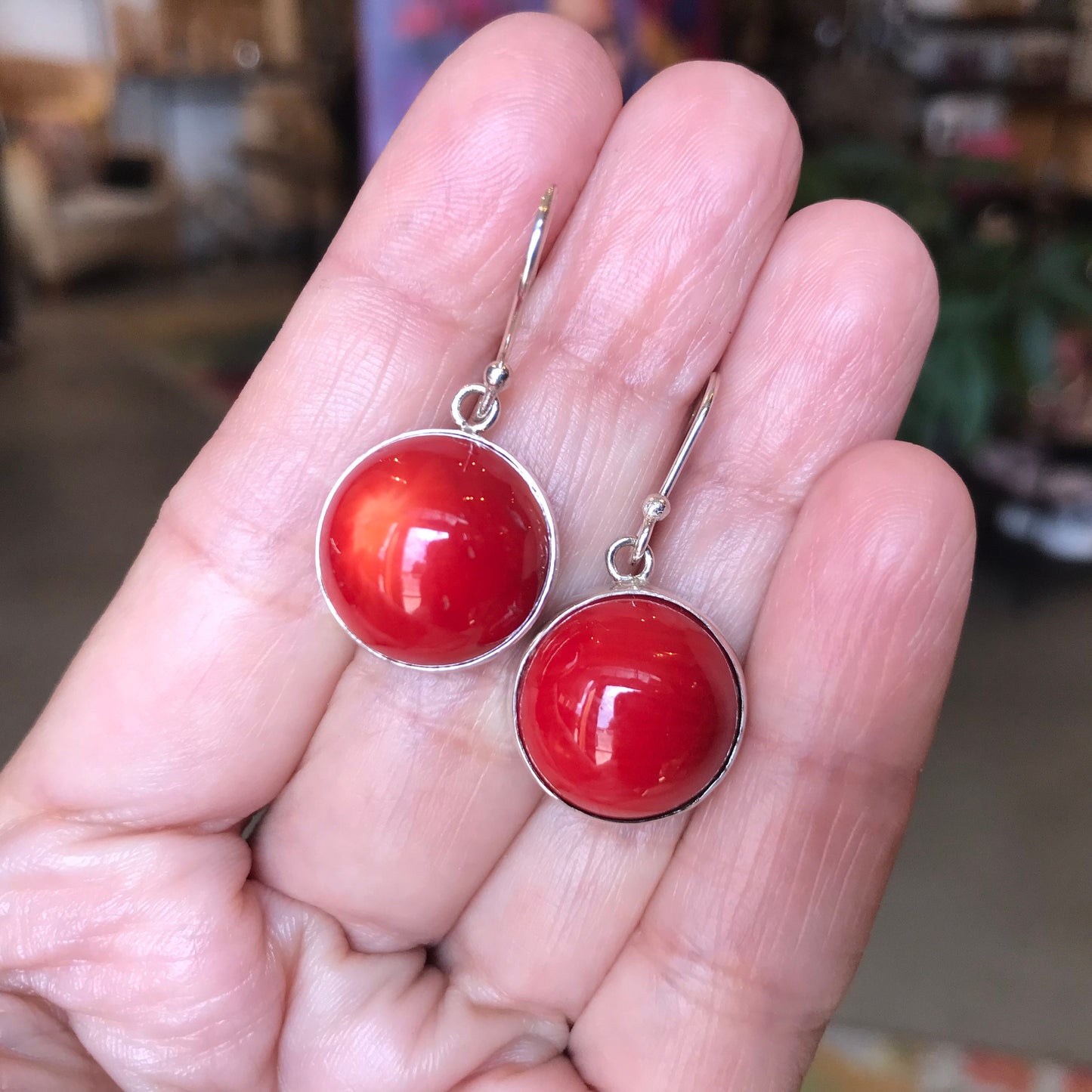 Sterling Silver red coral dangle earrings