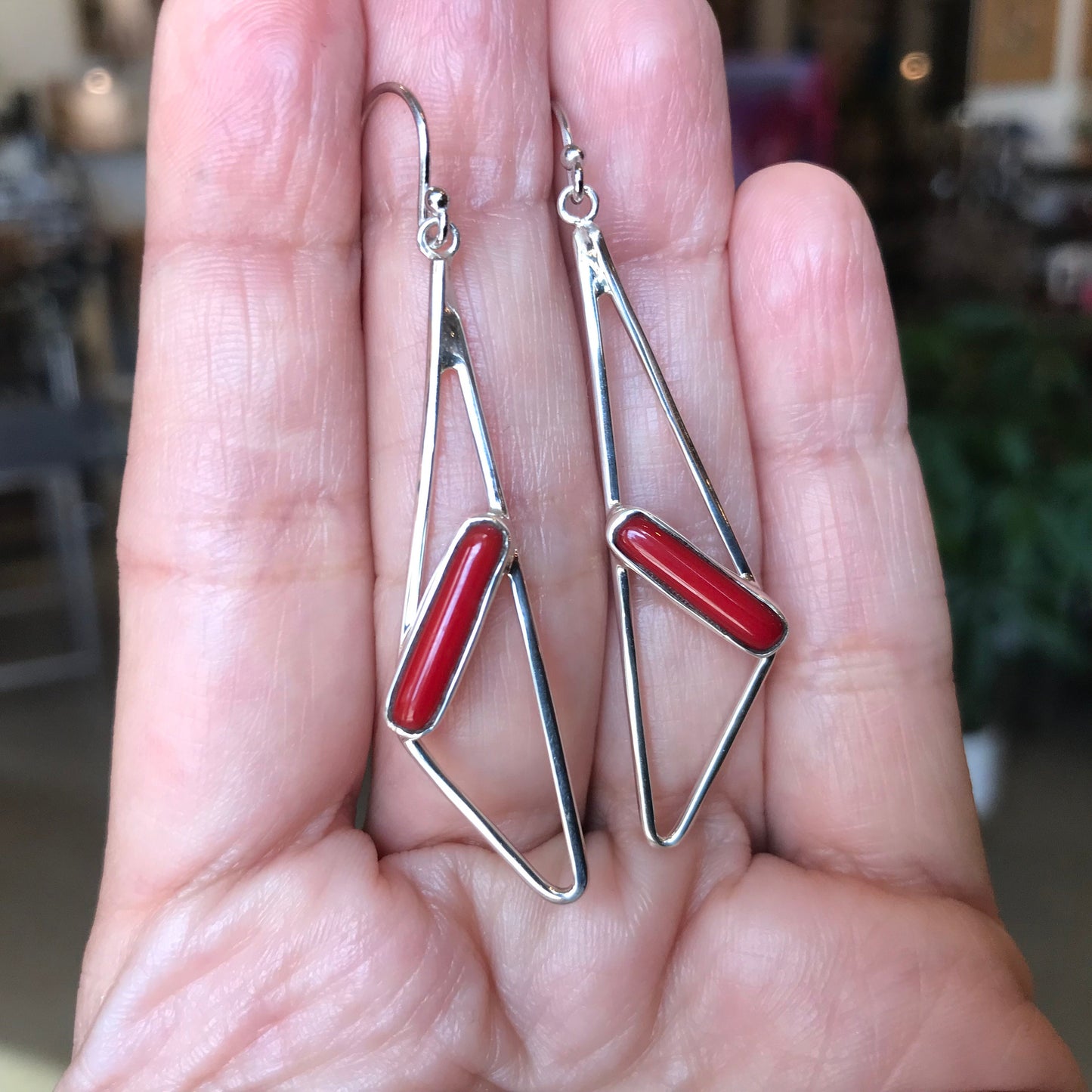 Sterling Silver red coral modernist earrings
