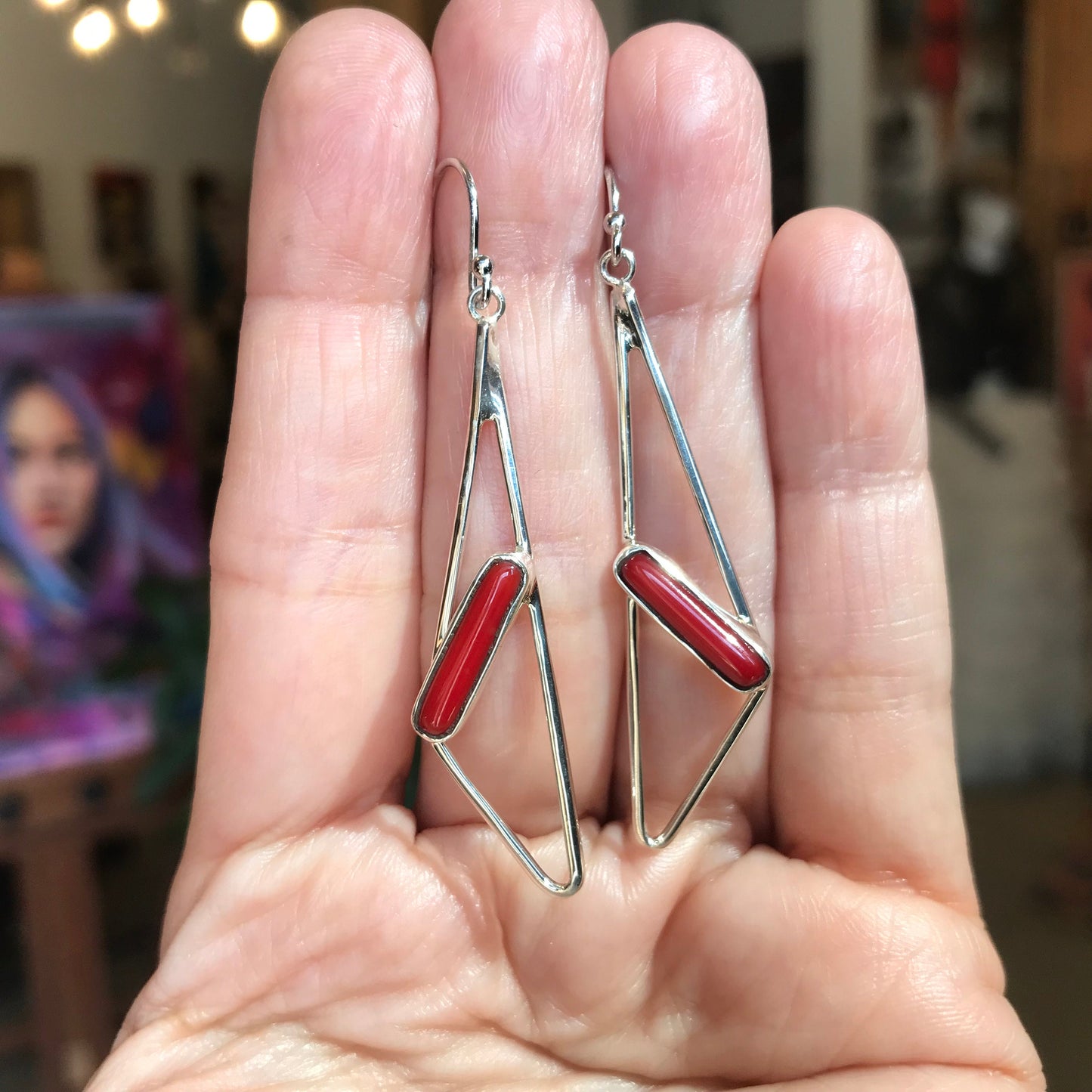 Sterling Silver red coral modernist earrings