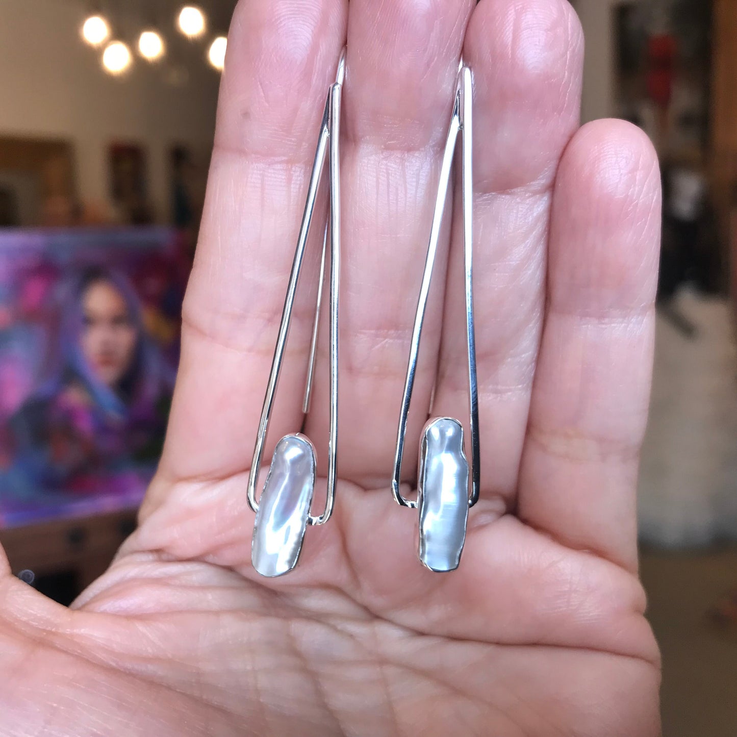 sterling silver modernist pearl dangle earrings